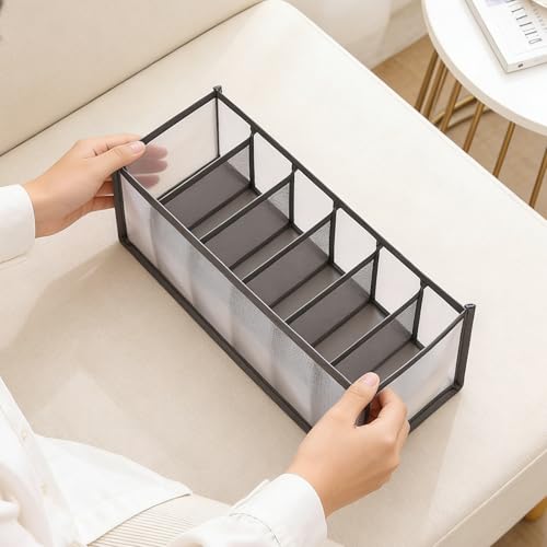 Wardrobe Clothes Organizer for Drawers - 7 Grids Mesh Pants Storage Box, Foldable Closet Compartment Separators for Jeans, T-Shirts, Leggings & Sweaters, Washable Clothing Divider (Gray, 1 Pack)