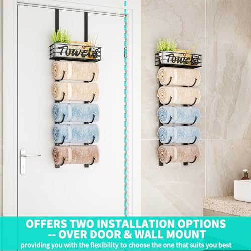 HapiRm Towel Racks for Bathroom Storage - 6 Tier Over The Door & Wall Mount Rolled Towel Storage Organizer Holder with Metal Shelf Basket for Small Bathroom, Camper, Rv - Black, Patented - color: Black, size: 6-Tier