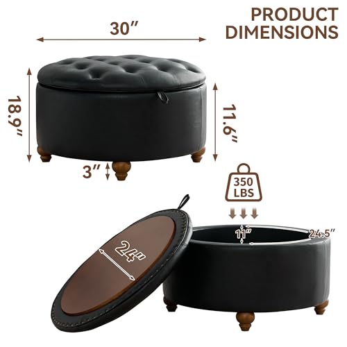 WUTUTUEE 30Inch Round Storage Ottoman with Tray, Modern Tufted Leather Circle Coffee Table with Storage, Upholstered Ottoman with Removable Top for Living Room, Bedroom, Leather Black - color: Leather Black, size: 30 Inch