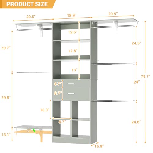 Small Closet System - 5FT Closet Organizer System with Wooden Drawers, 60 Inches Walk In Closet System With 5 Hanging Rods, Can Fit 1.58 to 6.8 FT with Reversible Hanging Shelving, Crab Green - color: Crab Green, size: 5FT