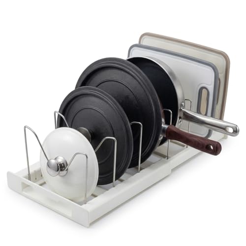 OMIO Expandable Pots and Pans Organizer Rack Under Cabinet, 12"-22" Adjustable Lid Holder with 7 Stainless Steel Dividers, White ABS Kitchen Storage for Lids, Pans, Cutting Boards - color: White Gray