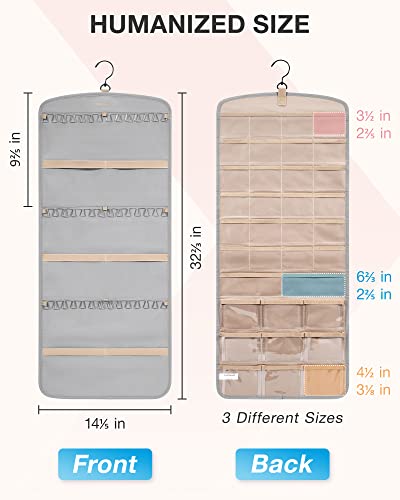 BAGSMART Hanging Jewelry Organizer, Necklace Holder Anti-tangle Earrings Rings Hanger with 20 Jewelry Bags Travel Storage Roll with Pockets Hang on Closet, Wall, Door,1 Piece, Large Grey - color: Grey, size: Large - Standard