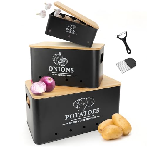 Kitchen Vegetable Storage Set of 3, Metal Onion Garlic Potato Storage Set, Kitchen Canisters Vegetable Keeper Containers with Aerating Holes and Wooden Lid (Black) - color: Black