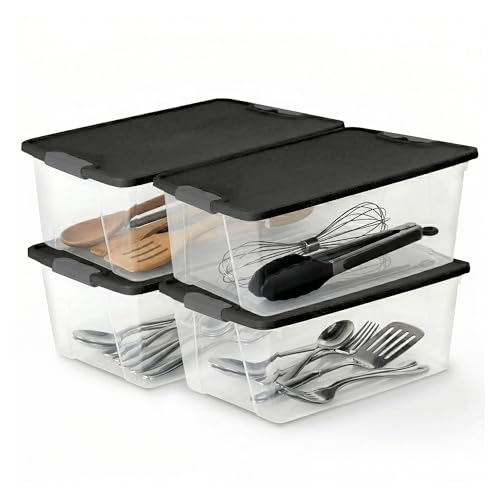 HOMZ 4-Pack Secure Latch, Clear Plastic Storage Organizer Bins, 15 Quart, Gray Lid - Stackable Container Boxes for Bedroom, Bathroom, Garage, and Office Organization - color: Gray Lid, size: 15 QT