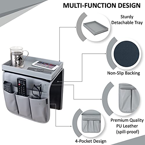 Anti Slip Armchair Caddy w/Detachable Wooden Snack Tray PU Leather Armrest Cup Holder Couch Arm for Recliner w/ 1 Big Pocket, 3 Small Pockets, Remote Control (Med Dark Grey), 10.5Wx30L - color: Medium Dark Grey