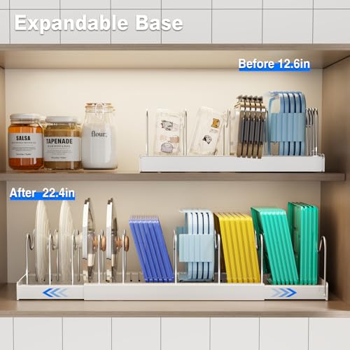 Mustorn 2 Pack Pots and Pans Organizer Under Cabinet, 22" Expandable Food Storage Container Lid Organizers with 9 Adjustable Dividers Pot and Pan Lid Holders Rack Inside Cabinet/Countertop(White) - color: White(Expandable), size: 2 Pack