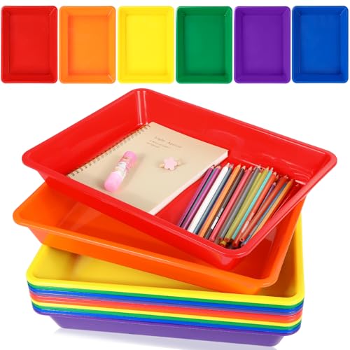 12 Pack Letter Size Flat Storage Paper Tray Organizer Bin Tray Plastic Stackable File Organizer for Classroom Library School Office Teacher Desktop Book Organization (Rainbow)