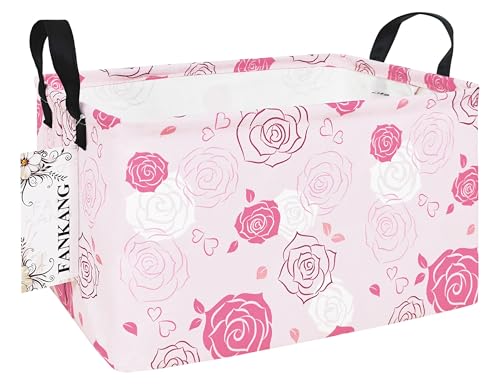 FANKANG Storage Bins, Nursery Hamper Canvas Laundry Basket Foldable with Waterproof PE Coating Large Storage Baskets for Kids Boys and Girls, Office, Bedroom, Clothes,Toys(Rec-Pink roses ） - color: Rec-Pink roses