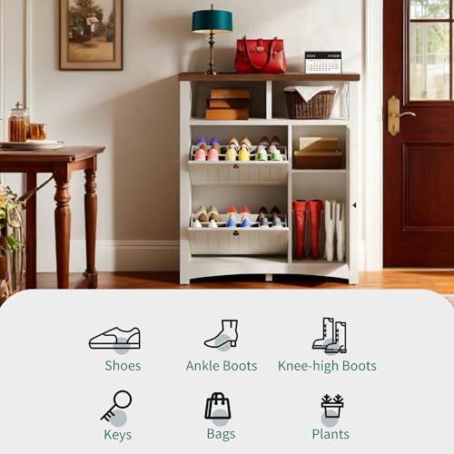 YITAHOME Farmhouse Shoe Cabinet with 2 Flip Drawers, Wood Shoe Rack w/Adjustable Shelves and Open Storage, Rustic Entryway Organizer for Hallway, Foyer, Porch, Living Room, White