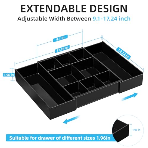 Marbrasse Expandable Desk Drawer Organizer, Clear Plastic Drawer Organizer Tray with 10 Adjustable Compartments, Desk Organizers and Accessories, 5 Drawer Dividers for Office Supplies, Makeup(Black) - color: Black