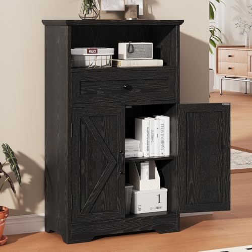 Floor Cabinet, Farmhouse Storage Cabinet with Barn Doors and Drawer, Freestanding Adjustable Shelf Organizer for Bathroom, Kitchen, Living Room Black - color: Black, size: 39.4"H x 23.6"W x 11.8"D