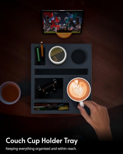 Couch Cup Holder Tray - Couch Organizer Caddy, Silicone Beach Caddy with Cup Holder, Sofa and Bed Drink Holder and Couch Tray Table for Snacks Beverage Remote (Black) - color: Black