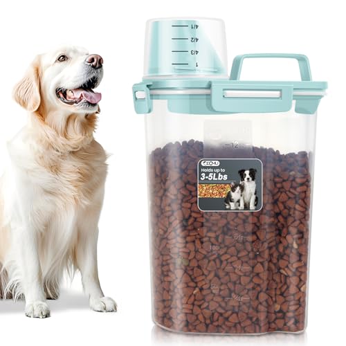 2.5-5LBS Upgraded Large Nozzle Cat Dog Food Storage Container BPA-Free, Airtight Pet Food Storage Bin with 4 Lock Buckles, Sealing Gasket, Cup for Pet Food, Dog Treats, Rice, Flour, Dry-Blue