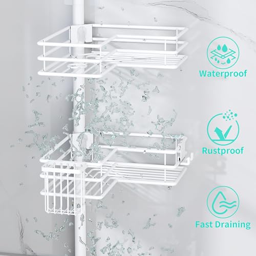 HapiRm Corner Shower Caddy Organizer - Shower Organizer Corner with Soap Holder, Toothbrush Holder and 4 Hooks, Rustproof Bathroom Shelf Tension Pole Available for 27.6 to 108.3 Inch - White - color: White