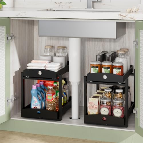 APRTAT 2 Pack Under Sink Organizer, Bamboo Wooden 2-Tier Pull-Out Storage with Sliding Drawers for Kitchen and Bathroom Cabinets, Easy Installation (Black) - color: Black