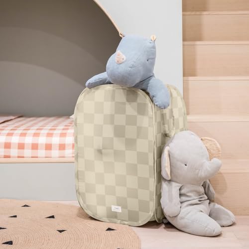 3 Sprouts Pop Up Hamper - Collapsible Laundry Basket, Popup & Foldable Design - Durable Waterproof Fabric for Dirty Clothes, Toys & Towels - Ideal for Dorm, Bedroom & Baby Nursery, Checkerboard Beige - color: Checkerboard Beige