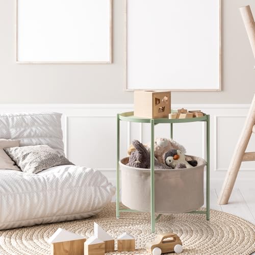 danpinera Round Side Table with Fabric Storage Basket, Metal Side Table Small Bedside Nightstand with Removable Tray Top for Living Room, Bedroom, Nursery, Laundry, Light Green - color: Light Green