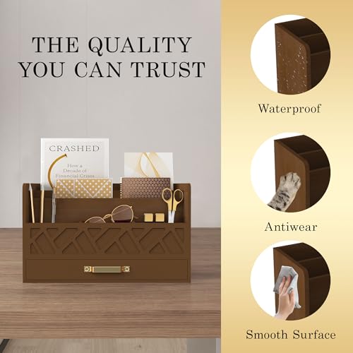 WISUCART Bamboo Mail Organizer Countertop Wood Desk Organizer Drawer Tabletop Storage Box Letter Sorter Makeup Organizer for School Home Office Supplies Brown - color: Brown