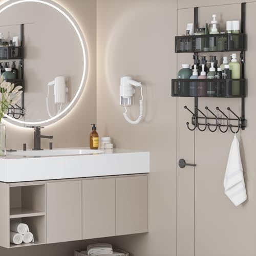Adjustable Over The Door Hooks Organizer, Door Hanger Coat Rack with 2 Mesh Baskets and 10 Hooks, Back of Door Storage Organizer for Bedroom,Bathroom,Kitchen (Black) - color: Black-01, size: 2 Baskets