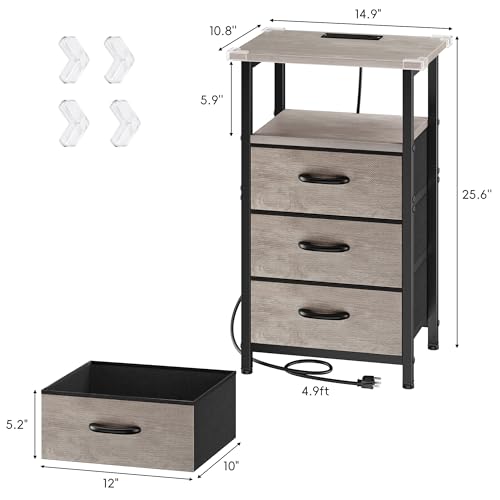 Vagusicc Nightstand with Charging Station, Bedside Table with USB Ports and Outlet, End Table Side Table with 3 Fabric Drawers and Storage Shelf, Bed Side Table Night Stand for Bedroom, Greige - color: Greige, size: 1 Piece, style: Ordinary