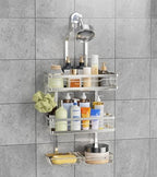 OMAIRA Shower Caddy Hanging with Soap Scrub Holder, Stainless Steel Adjustable No Drilling Non-Slip Large Capacity Sturdy Over Shower Head Shower Organizer Inside Shelves Bathroom Storage Rack, Silver - color: Silver