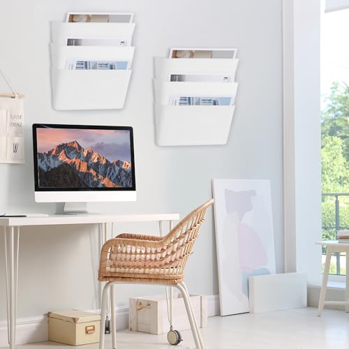 EASEPRES 6 Pack White Plastic Single Pocket Hanging File Organizer, Wall Mount Paper Mails Magazines Holder, Mounted Folder Bins for Office School and Home, 12.99x4.13x7.48 inches - color: White, size: 6 Pack