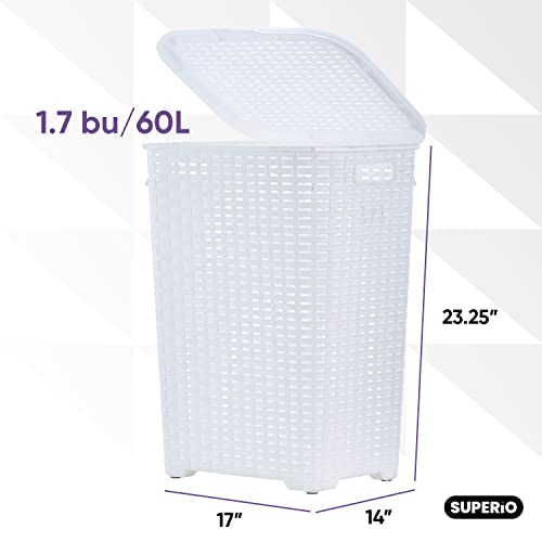Plastic Laundry Hamper with Lid, Designed Laundry Hamper Basket, Beige Tall Cloths Hamper Organizer with Cut-out Handles. Space Saving for Laundry Room Bedroom Bathroom, Wicker Design 60 Liter - color: White, size: 1-pack