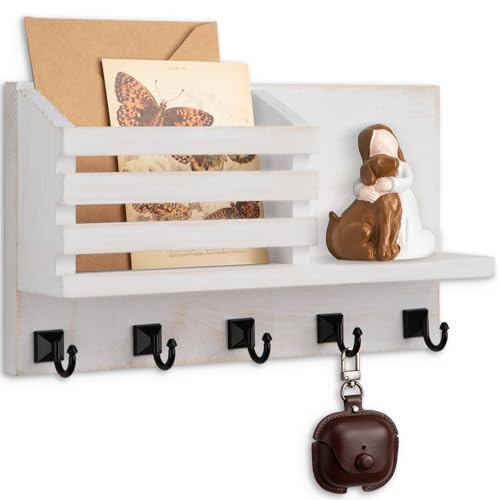 Key Holder Wall Mount, Mail Organizer for Wall with 5 Square Rustic Key Hooks Key Shelf Farmhouse Home Decor for Entryway - color: Whitewash
