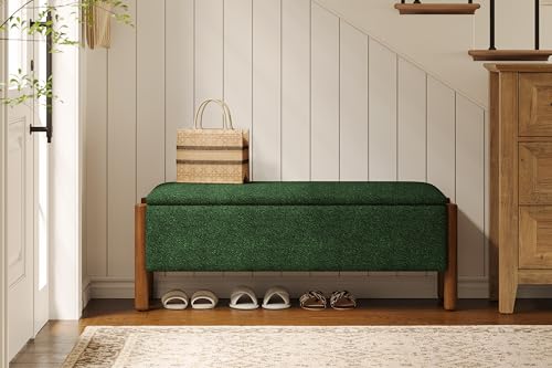 Modern Storage Benches with Walnut Wood Legs, 47'' Ottoman Bench with 20 Gallons Storage Space for Bedroom End of Bed, Fabric Upholstered Entryway Bench with Seating for Livingroom, Green - color: Green
