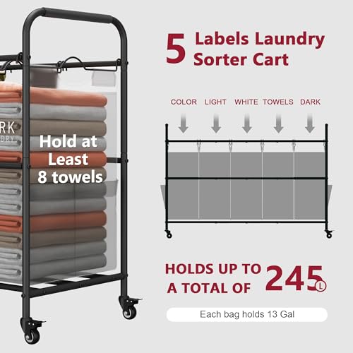 Tajsoon Laundry Sorter, Laundry Hamper 5 Section with Heavy Duty Rolling Lockable Wheels, Laundry Basket Organizer with Removable Bags for Dirty Clothes Storage, Grey - color: Grey