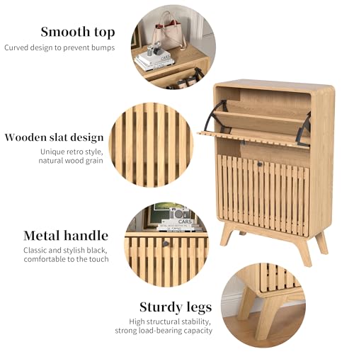 Jluomei Narrow Shoe Cabinet Storage for Entryway, Modern Cabinet Rack with 2 Flip Drawers, Slim Wood Fluted Entry Way Shoe Organizer, Wooden, Small, Farmhouse, Freestanding, Natural Oak (39.4 Inch) - color: Natural