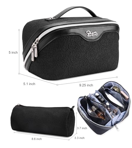 BOYATU Travel Makeup Bags Cosmetic Organizer Bag: 3-Set Large Capacity Make up Bag - PU Leather Toiletry Bags for Women - Wide Open Portable Pouch with Divider & Handle (A-Black) - color: A-Black