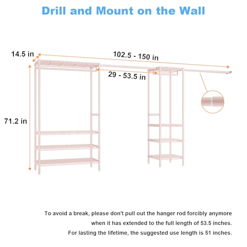 Ulif E11 Heavy-Duty Garment Rack, Metal Freestanding Clothes Rack and Closet Storage Organizer System with 8 Shelves and 4 Hanger Rods, (73.2-97.6)" W x 14.5" D x 71.2" H, Load 1034 LBS, Pink - color: Pink