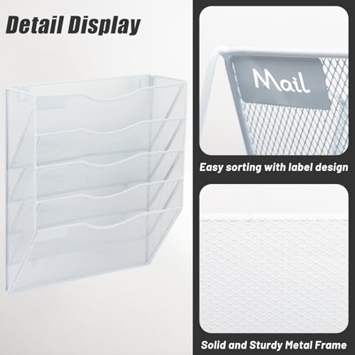 EASEPRES 5 Pocket Mesh Hanging Wall File Organizer, Wall Mounted Mail Paper Document Folder Holder, Clipboard Storage Organization Magazine Rack with Nametag Label for Office Home School, White - color: White, size: 5 Tier