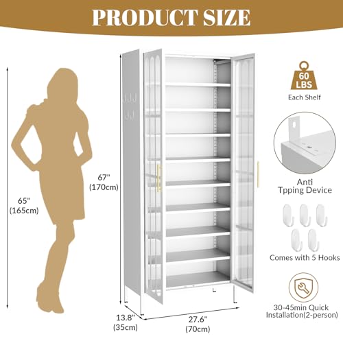 9-Tier Tall Metal Shoe Cabinet with Doors & Hooks, 67" Large Shoe Storage Organizer with Adjustable Shelves, Shoe Rack Holds 27-36 Pairs for Entryway, Hallway, Cloakroom (White) - color: White