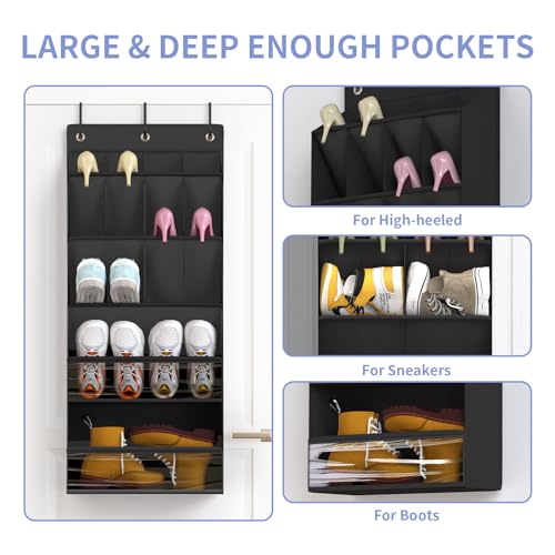 FENTEC 1 Pack Over-the-Door-Shoe-Organizers, Hanging Shoe Organizer with Large Pocket Shoe Holder Hanging Shoe Rack for Closet Shoe Organizer for Wall, Over Door Organizer with 15 Pockets Black - color: BLACK-(15+ Pairs), size: 1 Pack