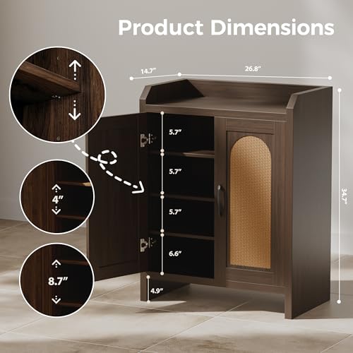 Mericonia Shoe Cabinet Storage for Entryway, Natural Rattan Storage Cabinet, Wooden Shoe Rack, Farmhouse Boho Wood Shoe Organizer Cabinet for Hallway Walnut - color: Walnut, size: 5-tier
