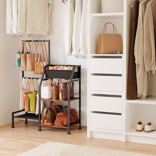 Homsorout Purse Organizer for Closet - Purse Rack Stand with 12 Hooks, 2 Wooden Shelves Purse Storage for Closet, Large Capacity Backpack Storage, Handbag Organizer for Home, Living Room, Black - color: Black