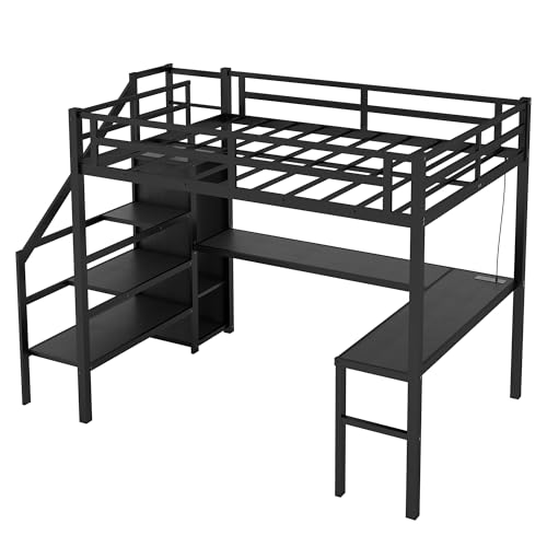 Bellemave Twin XL Loft Bed with Stairs and Storage, Metal Loft Beds Frame with Wardrobe and Safety Guardrails, Space Saving LED Loft Bed Twin Size for Kids & Teens, No Box Spring Needed, Black - color: Black, size: Twin XL