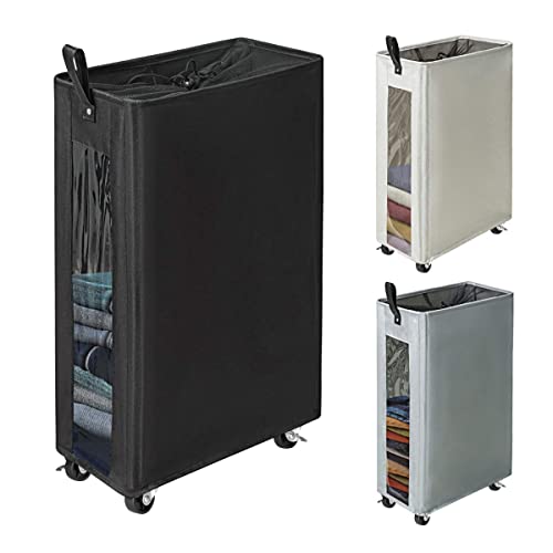 ZERO JET LAG 25 Inches Slim Laundry Storage Hamper - Large Rolling Clothes Hamper - Rolling Storage Bin - Tall Corner Basket - Clear Window Visible - Dirty Laundry Bin - (Black) - color: Solid Black