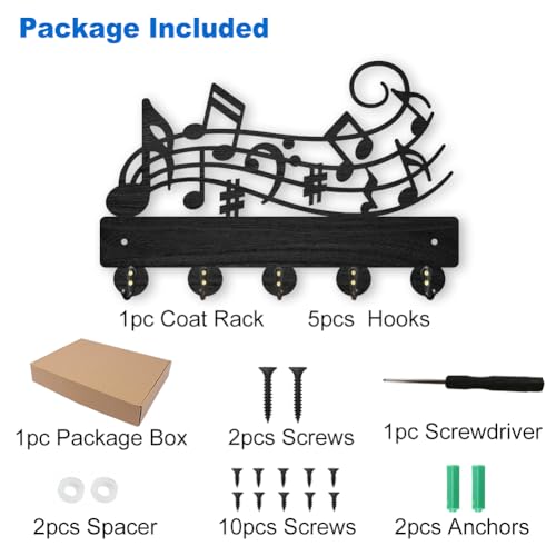 MAYJOYDIY Music Notes Coat Hook Wall Mount 11.8×7.9inch Wood Musical Key Holder for Wall Key Hanger Wall Art Decor 5 Alloy Hooks Black Hook Rack Hat Towel Holder for Entryway Living Room Gift - color: Music Notes
