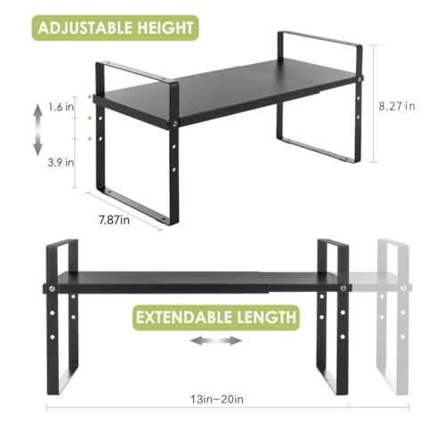 Across-Star Expandable Cabinet Shelf Organizer Rack, Stackable Kitchen Counter Storage Shelves Stand, Adjustable Height Pantry Shelf Spice Rack (Black, 1 Pack) - color: Black-1 Pack, size: 7.87''D*13-20''W*8.27''H