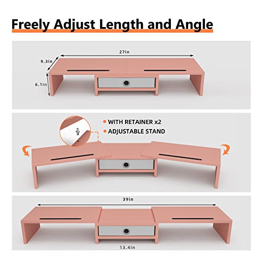 WESTREE Dual 3 Shelf Computer Riser with Drawer, Adjustable Length and Angle, Desktop 2 Monitor Stand Storage Organizer
