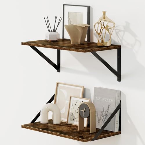 Fun Memories Deep Floating Shelves for Wall, 16W x 8D Wall Mounted Shelves Set of 2, Wide Display Ledge Shelf with Sturdy Metal Brackets for Living Room, Bathroom, Bedroom and Kitchen, Rustic Brown - color: A-rustic Brown, size: 16"W x 8"D