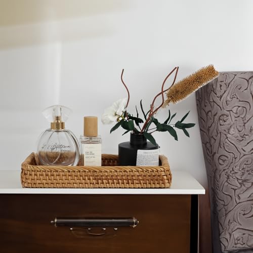 Rattan Bathroom Tray Countertop, Wicker Toilet Tank Basket, Decorative Bathroom Vanity Tray for Decor Coffee Table - size: 9.8" x 5" x 1.4"