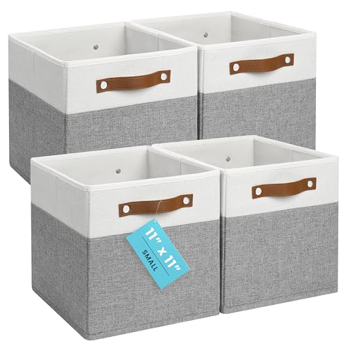OrganiHaus 11" x 11" x 11" Fabric Cube Storage Bins Set of 4, Foldable Collapsible Canvas Storage Bins for Organizer, 11 inch Cubbies Organizer for Kallax, Linen Cube Shelf Baskets - Grey/White - color: Gray Base / Off-White, size: (11x11) Leather Handles