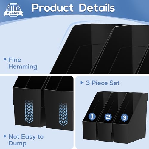 Delifox 3 Pack Magazine Rack, Plastic File Folder Bin Desk Organizer, Black - color: 3pack-black