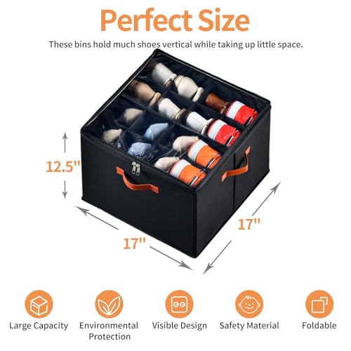 INSTY 2 Pack Shoe Organizer for Closet, Fits up to 32 Pairs, Adjustable Dividers for Shoe Storage, Space-Saving Shoe Bins and Clear Top, Black - color: Black