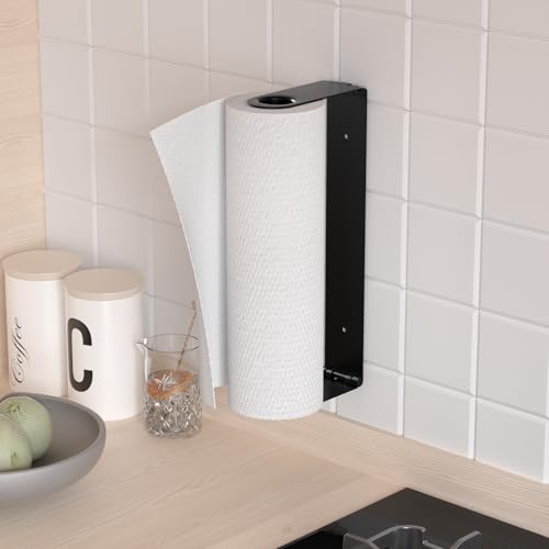 Paper Towel Holder Under Cabinet, Wall Mount Paper Towels Holder for Kitchen Under Counter, Self Adhesive and Drilling, Heavy-Duty Hanging Paper Towel Roll Holder Inside Cabinet Door, Black