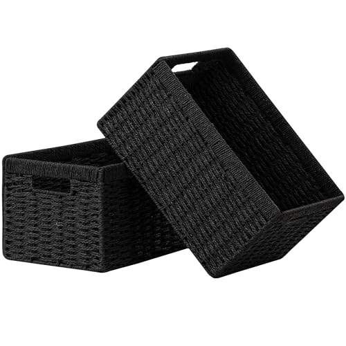 UBBCARE 2 Pack Wicker Basket, 13.4L×8.3H×7.1W inch Woven Paper Rope Storage Baskets for shelves, Foldable Rectangular Storage Baskets with Handle, Storage Basket for Organizing, （Black,2pack Medium） - color: Black, size: 2pack Medium
